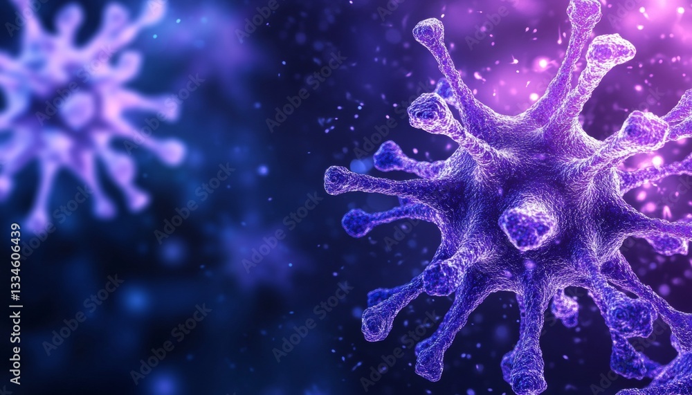 Poster detailed microscopic 3d illustration of a purple coronavirus virion particle floating in a dark blue