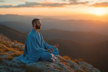 Obraz premium Meditating monk seated on a mountain at sunset overlooking distant valleys