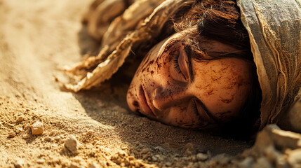 A woman lying on the ground caught in the act of adultery in the time of Jesus Christ. Biblical representation of a woman caught in the act of adultery.