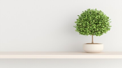Fototapeta premium A small potted tree sits on a light wooden shelf against a white wall.