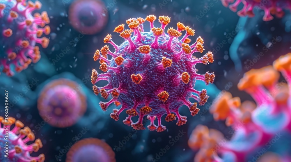 Poster detailed microscopic depiction of a virus particle, exhibiting its protein spikes and intricate surf
