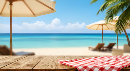 Obraz premium food and drink design ads with summer vacation themes. ai generated, Red and white checkered cloth neatly placed on a wooden table with a blurred seaside resort in the background,coastal, soft focus, 