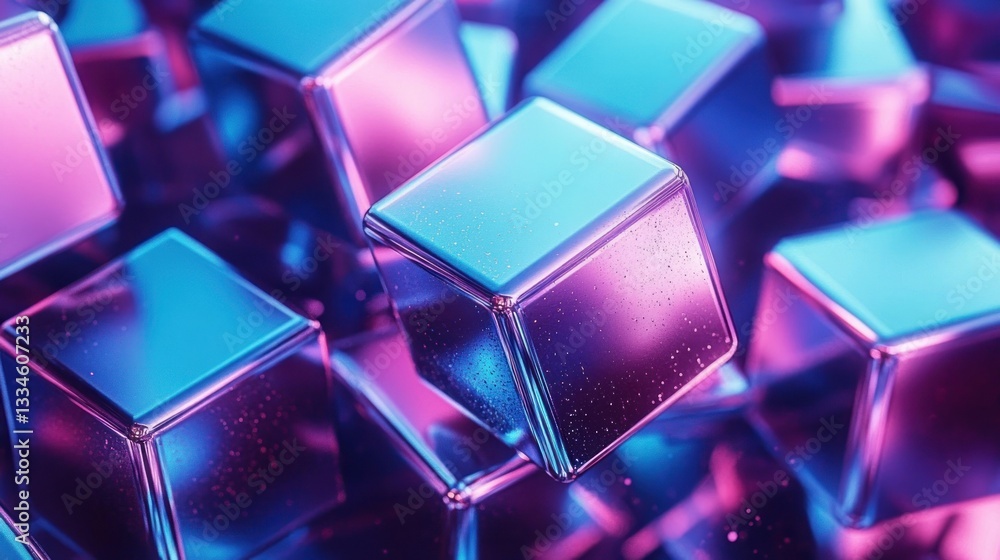Poster 3d rendering of floating metallic cubes in futuristic space with neon blue and pink lights