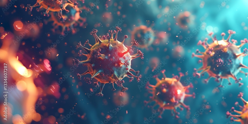 Aufkleber detailed microscopic image of floating viruses with vibrant and warm color palette set against a sof