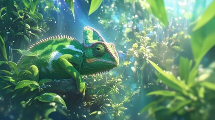 A chameleon blending seamlessly into its leafy surroundings.
