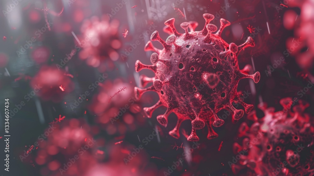 Poster detailed microscopic representation of a contagious pathogen with intricate spiky projections and a 
