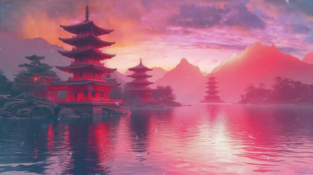 A serene lakeside scene with traditional pagodas silhouetted against a vibrant sunset. The tranquil water reflects the glowing sky, creating a peaceful and dreamlike atmosphere.