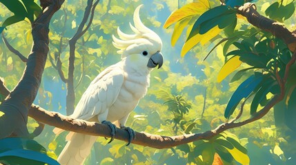 A cockatoo perched on a branch with a curious tilt to its head.