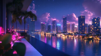 Obraz premium Night cityscape view from a balcony overlooking Miami skyline with lit buildings and ocean