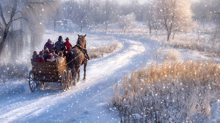 A family riding in a horse-drawn sleigh through a winter landscape
