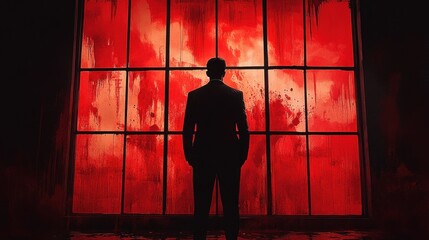 Dark Moody Crime Scene A Man in Suit Silhouette Bloodstain Window Suspenseful Investigation Office