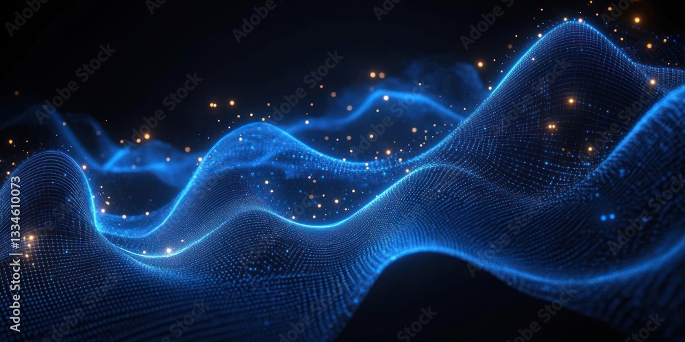 Poster abstract blue waveforms and connected nodes futuristic digital art technology background
