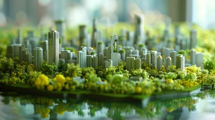 Detailed miniature model showcasing a modern city with skyscrapers surrounded by lush green trees and parks, reflecting sustainable urban development and eco-conscious design principles