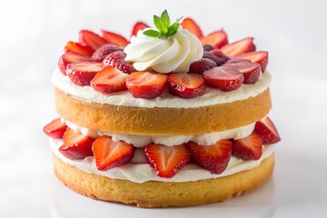 Strawberry Dream Cake with Vanilla Sponge and Whipped Cream on White Background