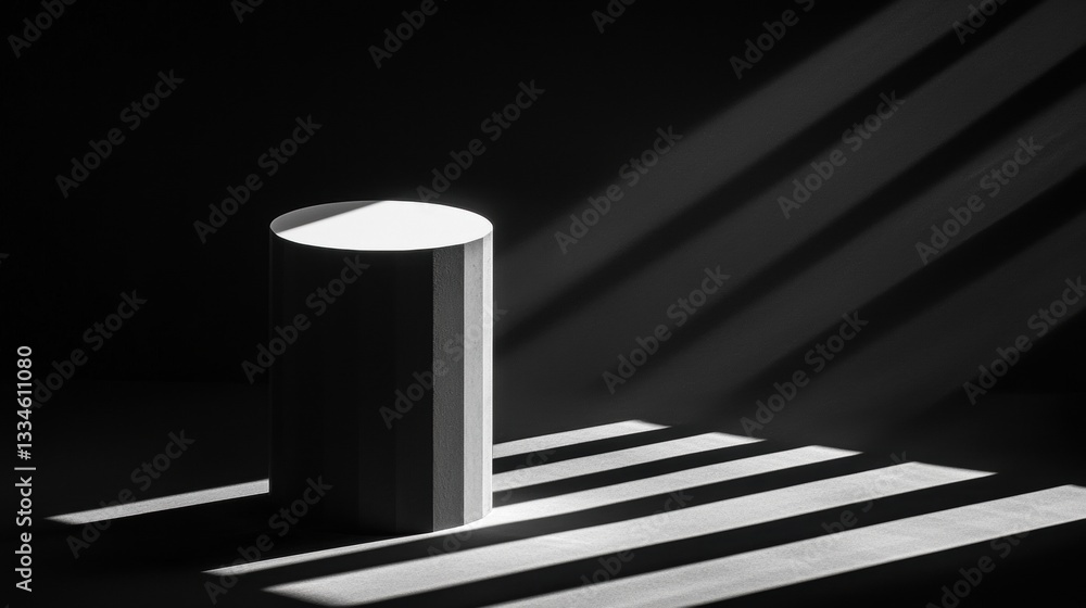 Poster a cylindrical object casts a shadow on the floor, with rays of light shining on it.