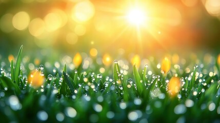 Obraz premium Dew-kissed grass field at sunrise with wildflowers