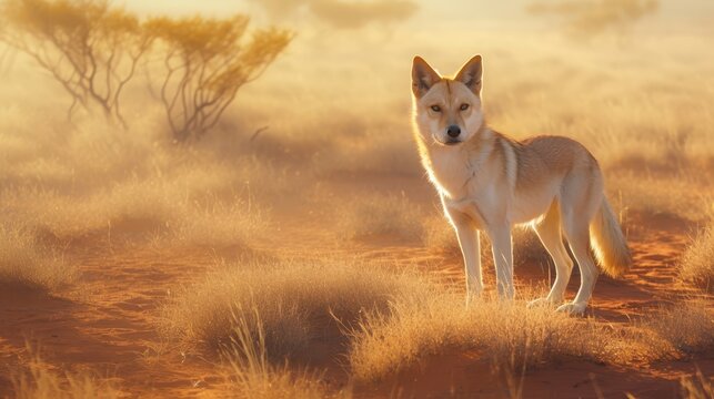 A dingo standing alert in the Australian outback.