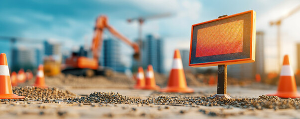 Traffic cones and warning sign board for under construction zone. Construction site with orange cones and a digital sign, showcasing an industrial setting and machinery in the background.