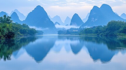 Naklejka premium Serene Mountain Reflections in Misty Blue Waters of a Tranquil Lake at Dawn