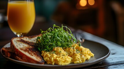 Freshly plated scrambled eggs with microgreens and toast.