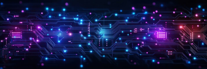 Fototapeta premium Futuristic Cyberpunk Circuit Board Design with Quantum Technology and Glowing Neon Lights
