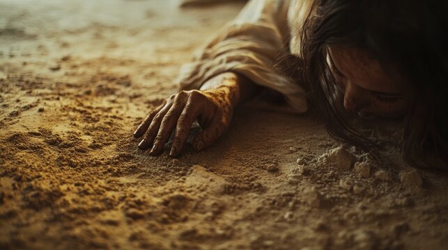 A woman lying on the ground caught in the act of adultery in the time of Jesus Christ. Biblical representation of a woman caught in the act of adultery.