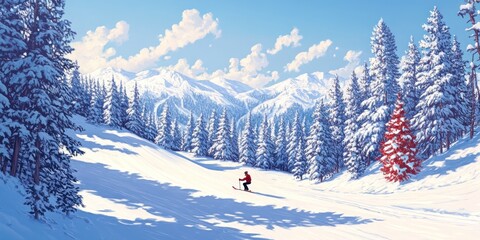 A snowboarder gracefully glides through a pine tree forest, sunlight creating long shadows on the snow