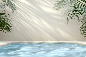 Tropical Pool Scene.  Soft light filters through palm trees casting shadows on a beige wall, overlooking a serene pool