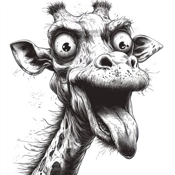 Psychedelic giraffe portrait, goofy expression, white background, t-shirt design
