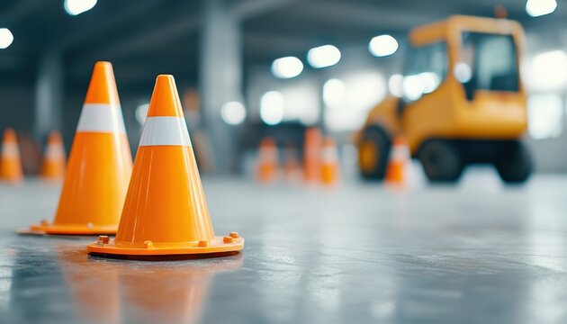 Traffic cones warning for under construction zone.. Construction scene with orange traffic cones in focus, highlighting safety and equipment in a warehouse setting.