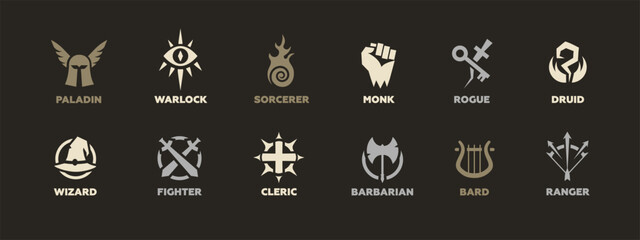Discover various fantasy character class symbols, such as paladin, warlock, and sorcerer.