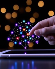 A hand interacts with a glowing network above a tablet, symbolizing digital connectivity.