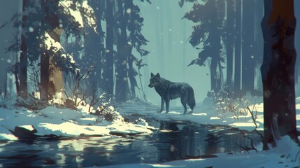 A gray wolf pack tracking through snow-covered woods.