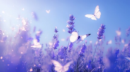 A group of butterflies fluttering above a field of lavender.
