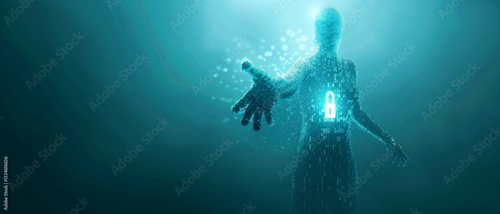 Poster digital guardian figure with protective lock emerges from glowing data stream, representing cyber se