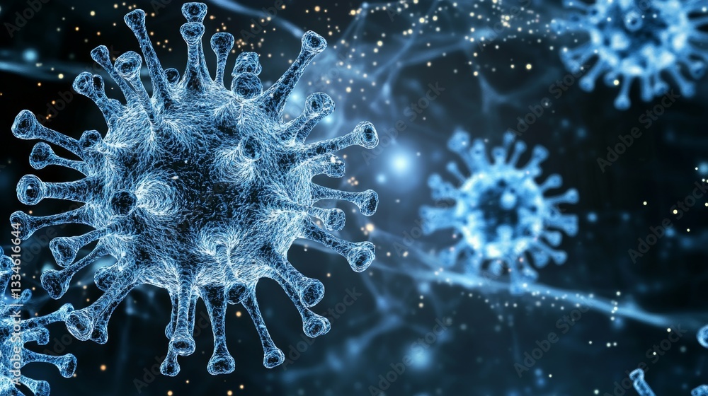 Poster microscopic view of a virus cluster with detailed protein spikes and glowing effect on scientific ba