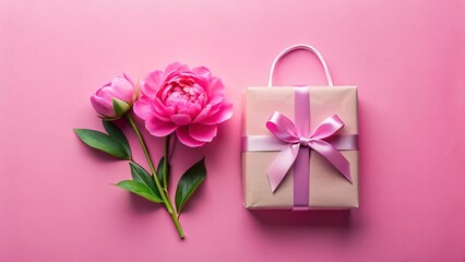 Pink Flat Lay: Shopping Bag, Gift Box, Peony Flower - Spring Shopping Concept