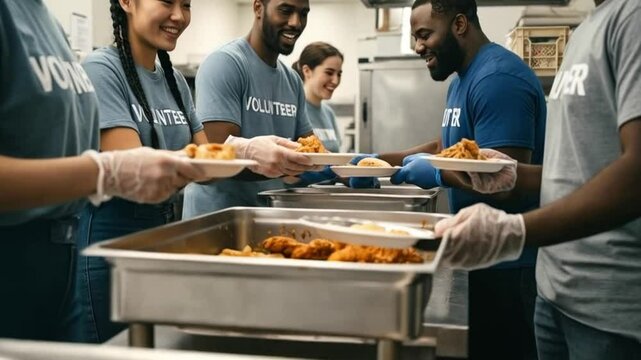 Dedicated volunteers gather in a community kitchen, serving warm meals to those in need. Joyful faces and collective effort create a positive atmosphere while helping others
