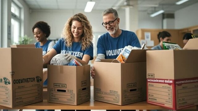 Supportive volunteers gather to pack essential supplies for those in need, sharing smiles and camaraderie while making a difference in the community