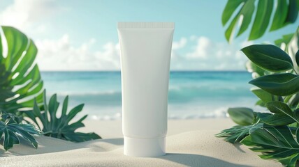 Sunscreen tube on sandy beach with ocean and tropical leaves in the background.