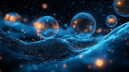 Naklejka premium Stunning depiction of glowing orbs in a mystical blue landscape at night