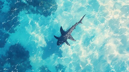 A hammerhead shark swimming in crystal-clear waters.