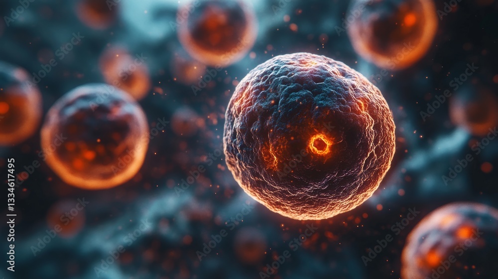 Poster microscopic view of cellular therapy showing molecular interactions at the cellular level with cells
