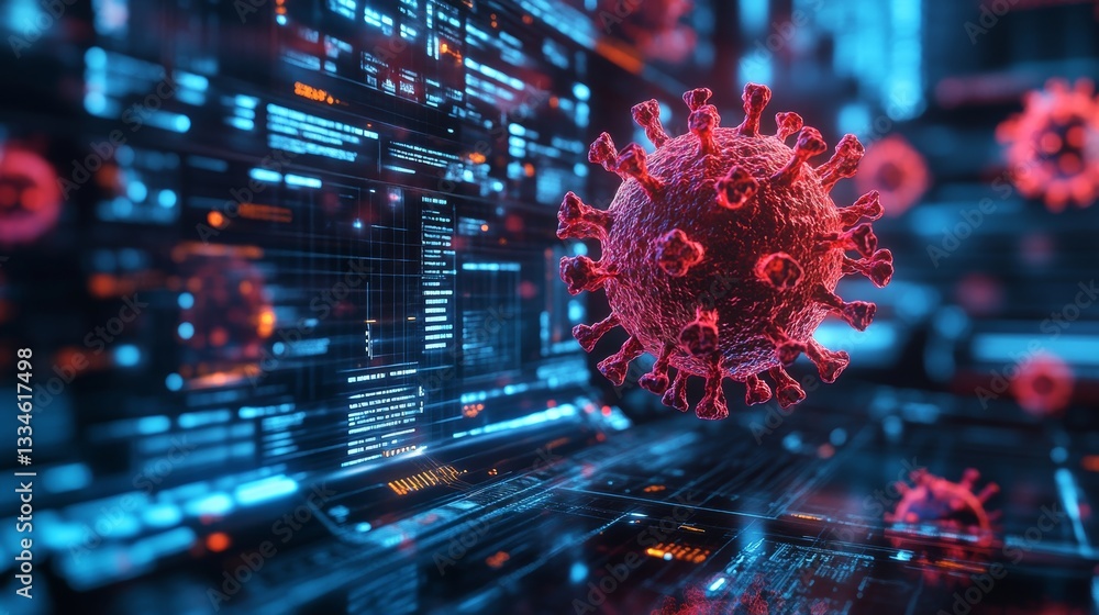 Poster digital visualization of pathogenic virus cell with futuristic technology interface and data flow, r