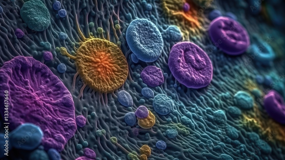 Poster microscopic view of digestive system cells, highly detailed electron microscope image with vivid col