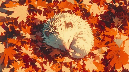 A hedgehog curled up on a bed of autumn leaves.