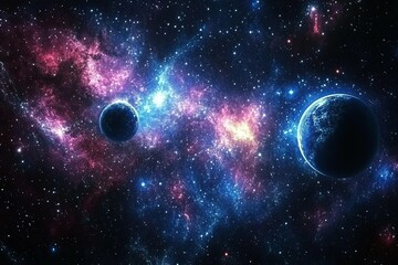 Cosmic scene showcasing planets within colorful nebula and starlight