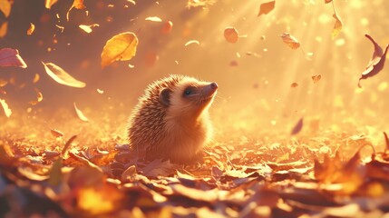 A hedgehog sniffing the air amidst fallen autumn leaves.