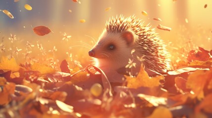 A hedgehog sniffing the air amidst fallen autumn leaves.