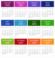 Modèle de calendrier 2026 pour agenda avec une page par mois - Textes en anglais vectorisés et non vectorisés sur calques séparés